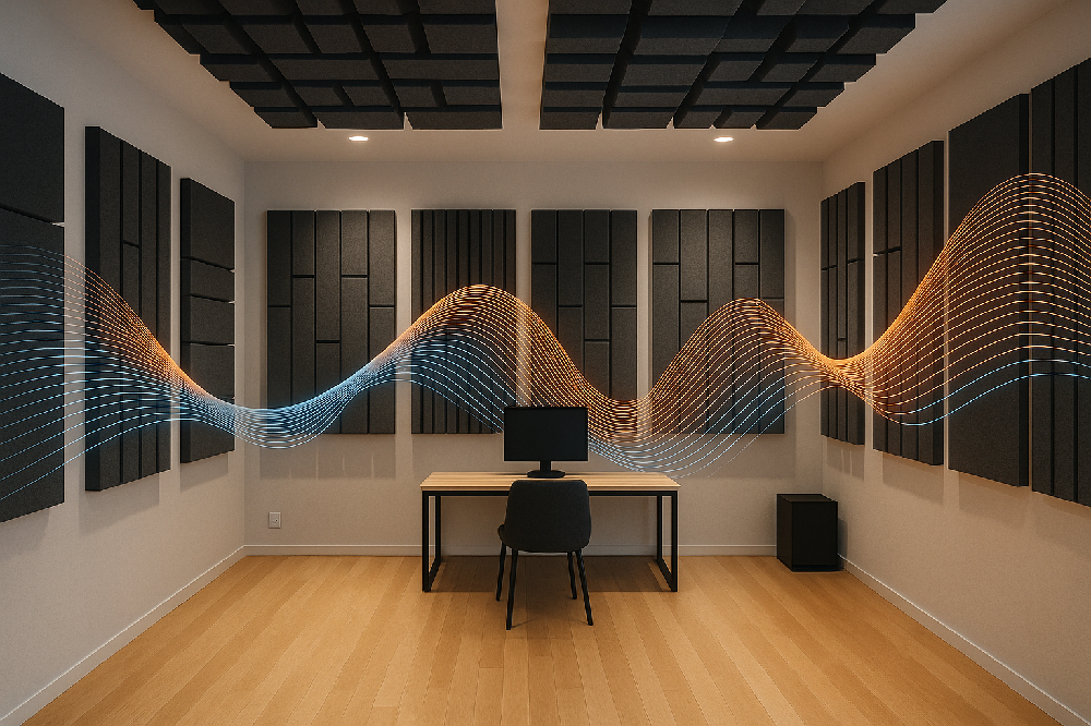 Wide-angle view of a modern concert hall with visible acoustic panels and diffusers, warm lighting and audience seating, architectural photography.